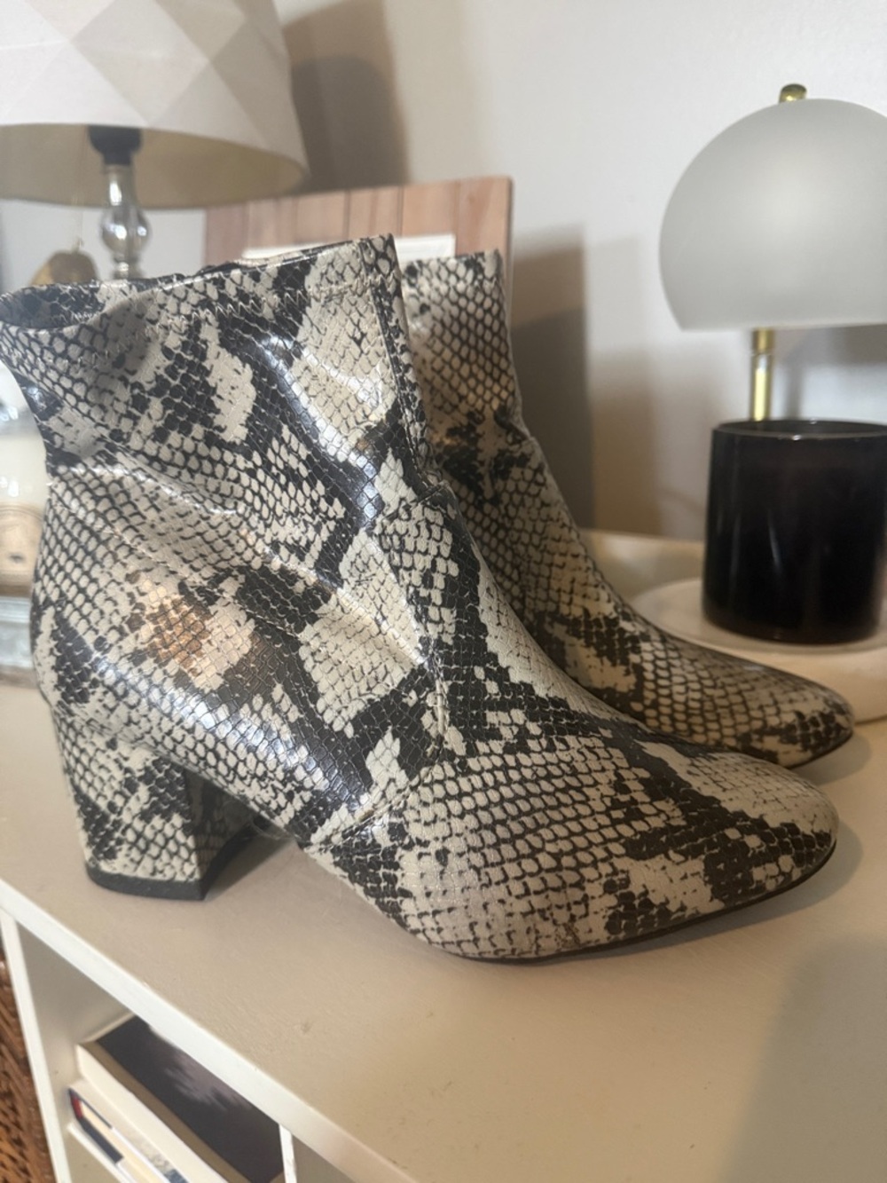 Time and Tru Snake-Print Ankle Boots in Black & Cream